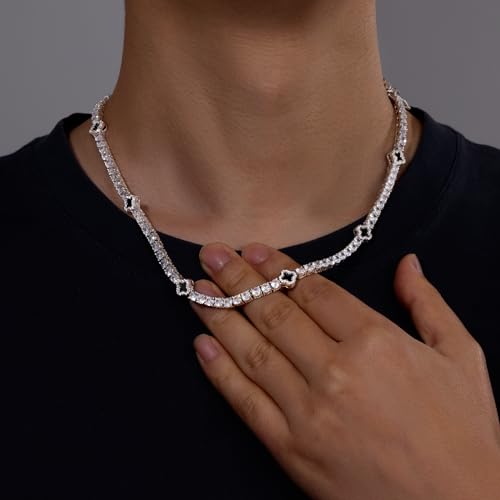 LuxeFlex 4mm Iced Out Four Leaf Tennis Chain,White Gold Plated with 5A Zircon Stones, exquisite Handmade Hip Hop Bling Necklace Perfect Unisex Jewelry Gift - color: White Gold, size: 20 INCH