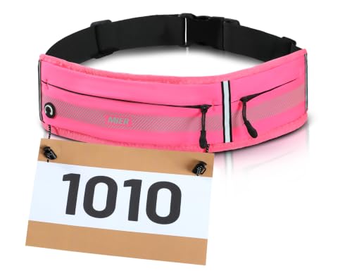 MIER Running Belt for Women & Men, Fanny Pack with Marathon Bib Clip, Pink - color: Pink