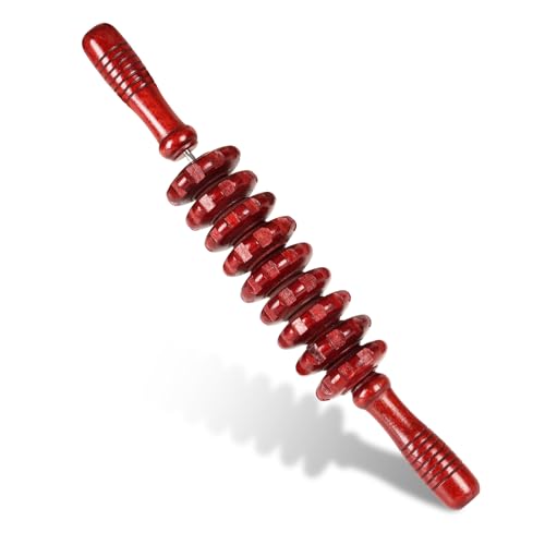 Liitrton Manual Wooden Massage Roller Stick for Muscle Relief, Red - size: 9-Wheel-Red