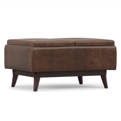 SIMPLIHOME Owen 34" Wide Vegan Leather Tray Top Ottoman in Chestnut Brown - color: Distressed Chestnut Brown