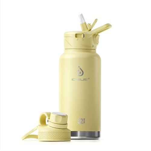 IDEUS Insulated Stainless Steel Water Bottle with 2 Leak-Proof Lids, Thermal Water Flask for Hiking Biking, 32oz, Light Yellow - color: Light Yellow, size: 32 Ounces
