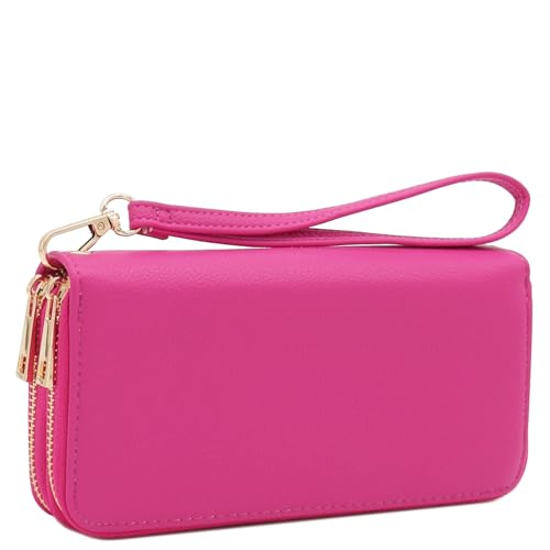 FashionPuzzle Double Zip Around PU Leather Wristlet Cell Phone Wallet - color: Fuchsia