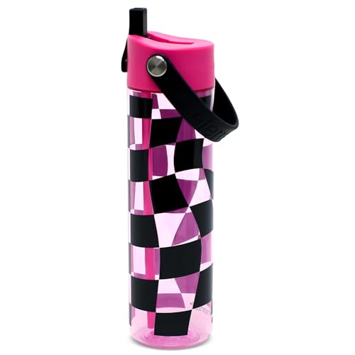 Elemental Splash 26oz Tritan Plastic Reusable Water Bottle w/Straw & Strap - color: Pink Checkers, size: 26 Ounces