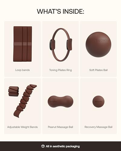 BetterMe Sculpt Body Kit - Pilates Equipment Set for Home Workouts - Home Pilates Kit with Pilates Ring Pilates Ball Resistance Bands, and Recovery Massage Tools - color: Chocolate Brown