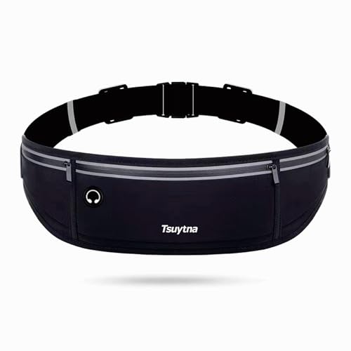 Running Belt for Women & Men - Slim Phone running belt with Water-Resistant Phone Holder, 3 pockets Adjustable Waist Strap, Reflective Safety Design for Running, Hiking, Travel，Fitness(Black) - color: Black