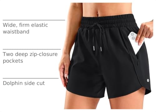 SANTINY Women's 3.5''/5''/7'' Athletic Gym Running Shorts Zipper Pockets - color: Black, size: Medium