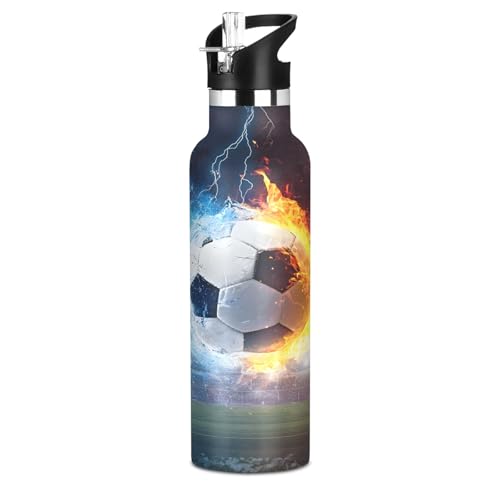 Fire Water Football Water Bottle Thermos Stainless Steel Vacuum Insulated Mouth Bottle with Wide Handle - color: Fire Water Football