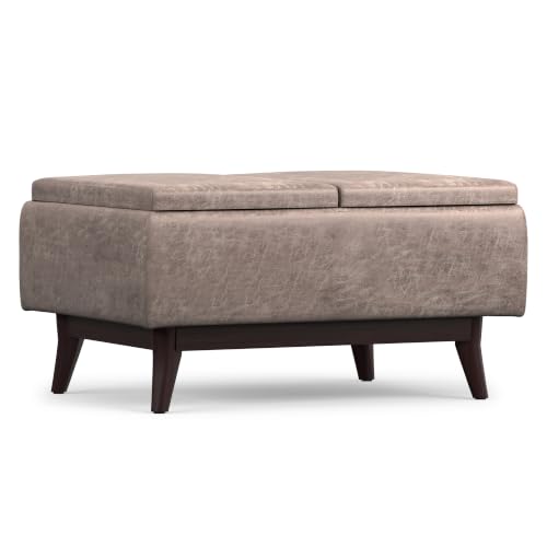 SIMPLIHOME Owen 34" Wide Vegan Leather Rectangle Tray Top Ottoman in Grey - color: Distressed Grey