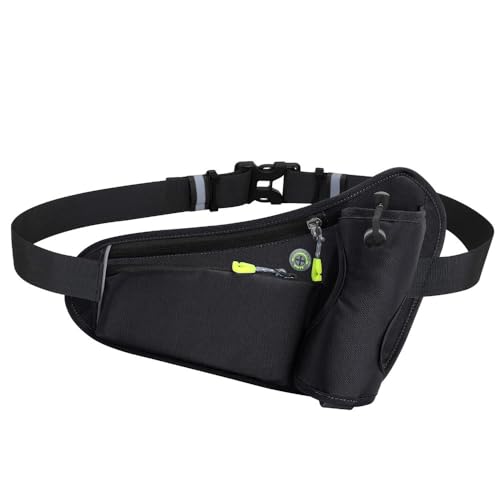 Water Bottle Waist Pack 2 Zippered Pockets – Reflective Running Belt for Hiking Cycling, Adjustable Breathable Mesh with Earphone Port(Black) - color: Black