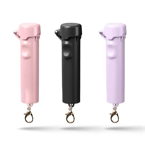 Packin' Heat 0.28 oz Compact Pepper Spray for Self Defense, Small Keychain Pepper Spray for Women, 12 ft Range, 1.44% Major Capsaicinoids, UV Dye, Push-Button Safety Cap, Snap Clip - color: Rose Pink/Black/Lavender- 3 Pack