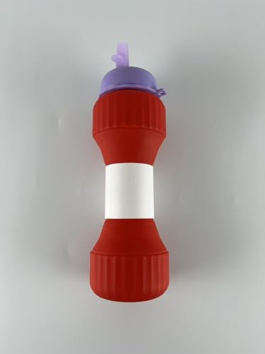 Collapsible Silicone Water Bottle 650ml - Dumbbell Shaped Leakproof Portable with Straw & Cap for Hiking Gym Travel (Red/Purple)