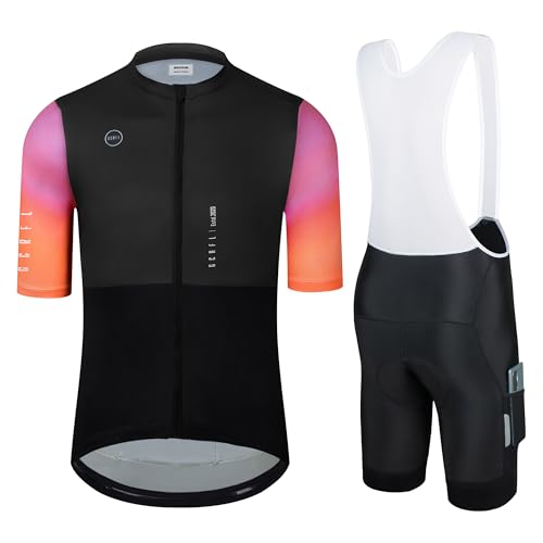 Men's Cycling Jersey Set Cycling Kit Bicycle Jersey Rear Zipper Pocket Bike Bib Shorts with Pockets Race Fit High Density Pad - color: Black/Pink Set, size: XX-Large
