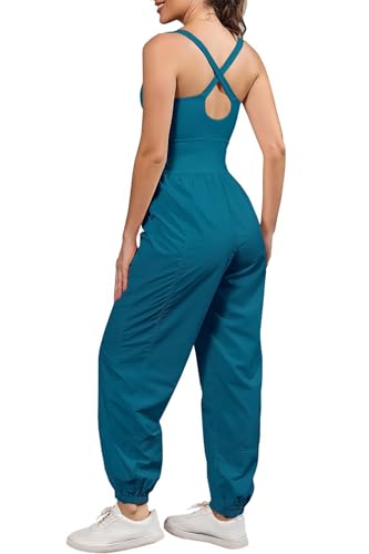 ReachMe Womens Running Onesie Athletic Romper Pants Hiking Outfits One Piece Workout Jumpsuits with Pockets - color: Teal Blue, size: X-Small