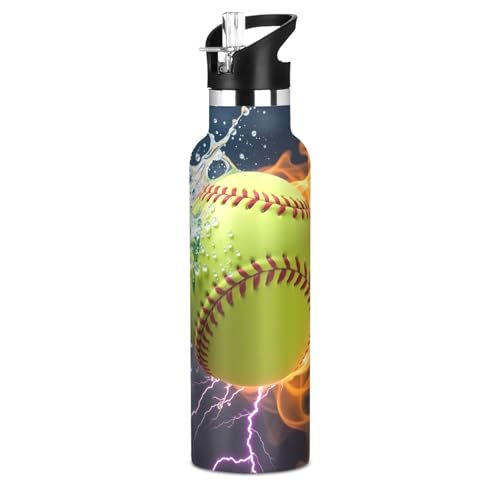Green Baseball Fire Water Bottle Thermos Stainless Steel Vacuum Insulated Mouth Bottle with Wide Handle - color: Green Baseball Fire