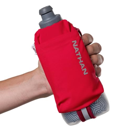 Nathan SpeedDraw 2 Insulated Handheld Running Water Bottle Flask 18oz – Double-Wall Insulation, Ergonomic Grip, Blast Valve Cap, Phone & Key Storage Pockets, Reflective Design - color: 18oz Insulated - Ribbon Red