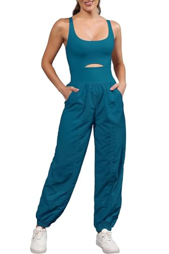 ReachMe Womens Running Onesie Athletic Romper Pants Hiking Outfits One Piece Workout Jumpsuits with Pockets - color: Teal Blue, size: X-Small