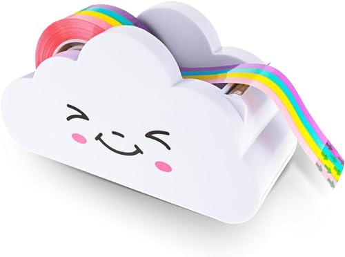 White Tape Desk Dispenser Cute Tape Dispenser Cloud Tape Cutter with Rainbow Novelty Tape Dispenser Holder for Home School Office Stationary Packaging Wrapping Craft Supplies Tape Dispensers