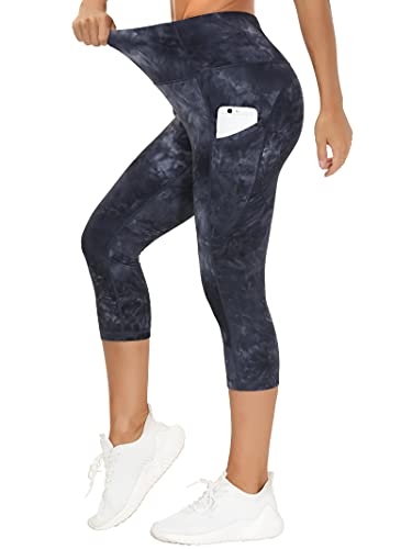 THE GYM PEOPLE Women's Thick High Waist Capris Yoga Pants Workout Leggings - color: Black/Dark Grey/White, size: Small