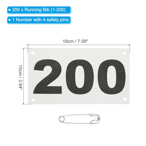 PATIKIL Tearproof Running Bib Numbers, Waterproof Race Competitor Numbers with Safety Pin - size: 7x4 Inch, style: 1-200