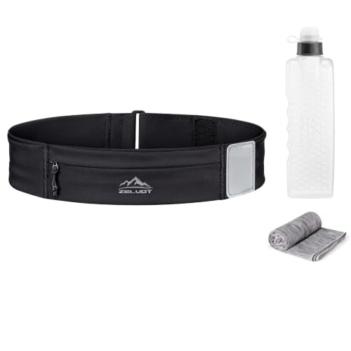 Zelvot Running Belt with 500ml Water Bottle, Adjustable Waist Pack - color: Jet Black
