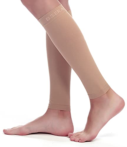 BSERA Calf Compression Sleeve Women, 2 Pairs 20-30mmHg Footless Compression Socks for Swelling Shin Splints Varicose Veins - color: Beige, size: Small