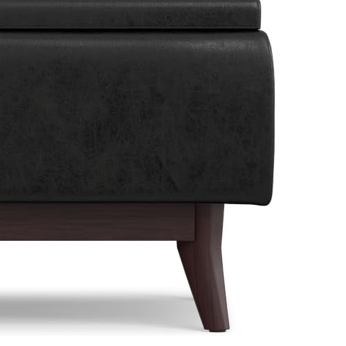 SIMPLIHOME Owen 34" Wide Vegan Leather Rectangle Tray Top Ottoman in Black - color: Distressed Black