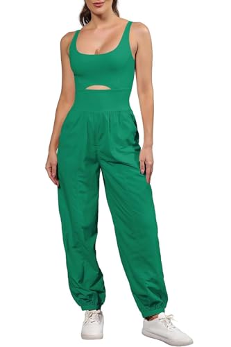 ReachMe Womens Running Onesie Athletic Romper Pants Hiking Outfits One Piece Workout Jumpsuits with Pockets - color: Green, size: Medium