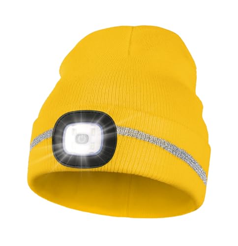 MELASA Reflective Stripe Beanie with the Light, Warm Hat with Light Outdoor - color: Bright Yellow