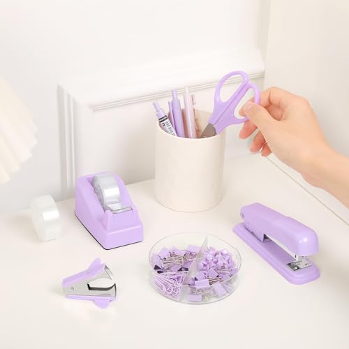 SKYDUE Purple Desk Accessories, Stapler and Tape Dispenser Set,10PCS - color: Purple