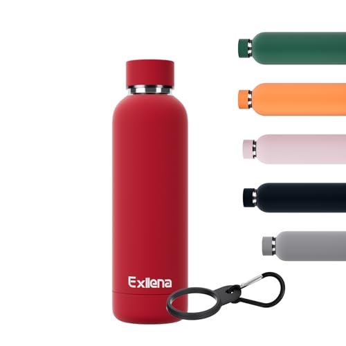 Exllena Slim Insulated Water Bottles for Travel 18oz with Clip, Double Wall Vacuum Stainless Steel Water Bottle Keeps Drinks Cold 24 Hrs/Hot 12 Hrs, 100% Leakproof, BPA Free（Red） - color: Red, size: 500 ml