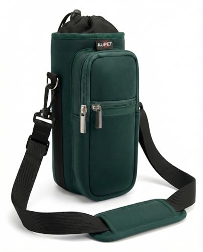 AUPET Water Bottle Sling Bag Sleeve Holder Carrier 25/32/40/64 oz,Insulated Crossbody Water Bottle Case Cover with Strap and Pockets for Men/Women Walking Hiking - color: Dark Emerald Green, size: 25oz