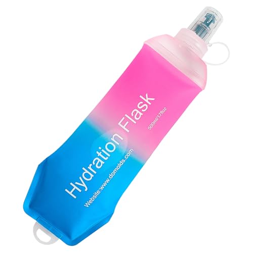 AXEN Soft Flask TPU Foldable Running Hydration Flask, Soft Collapsible Water Bottle for Hydration Pack Cycling Marathon Running Hiking - color: Pink&Blue-500ml