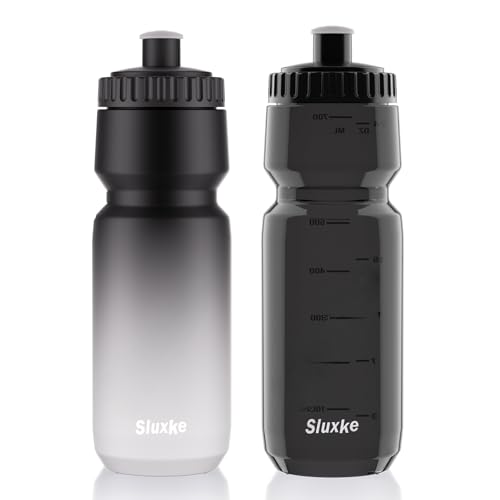 SLUXKE Squeeze Water Bottle 24oz, 2Pack Bike Water Bottle Leak Proof BPA Free for All Fitness and Cycling Fast Flow Valve - color: Gray White & Black, size: 24 Ounces