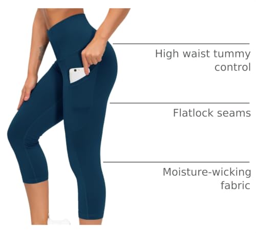 THE GYM PEOPLE Women's Thick High Waist Capris Yoga Pants Workout Leggings - color: Dark Blue Green, size: Medium
