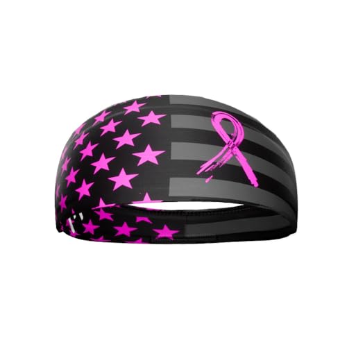 40+ Designs! Unisex Headband/Sweatband. Best for Sports, Fitness, Working Out, Yoga. Tapered Design - color: Breast Cancer USA Flag