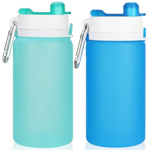 PLTCAT Collapsible Water Bottles, 19oz Foldable Silicone Travel Bottles - color: Green and Blue