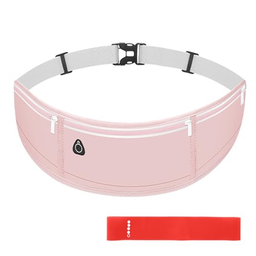 Running Belt with Resistance Band Bundle - Slim Water-Resistant Phone Holder for Women & Men, No-Bounce Adjustable Waist Pack Fits iPhone 15 Pro Max, Glute Activation Loop for Yoga & Fitness - color: Pink