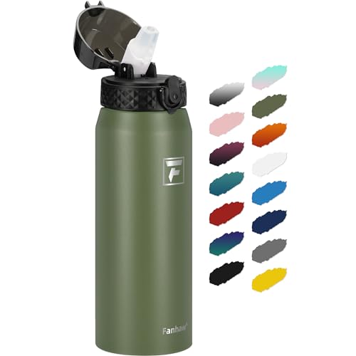 Fanhaw 24oz Kids Stainless Steel Water Bottle with Straw Lid, Olive Green - color: Olive Green, style: 24 Ounces