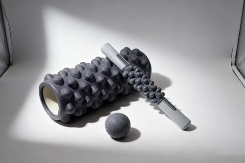 4 in 1 Foam Roller Set, Trigger Point Foam Roller with Massage Stick & Massage Ball, Deep Tissue Muscle Massage Tool for Pilates Yoga Fitness Full Body Relaxation - color: Gray