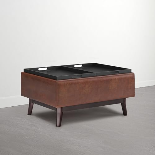 SIMPLIHOME Owen 34" Vegan Leather Storage Ottoman in Distressed Pecan Brown - color: Distressed Pecan Brown