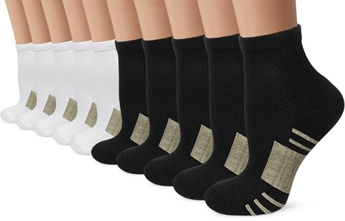 Iseasoo Ankle Compression Socks for Women Men, 5 Pairs Copper Running Socks - color: C02-5 Black +5 White, size: Small-Medium
