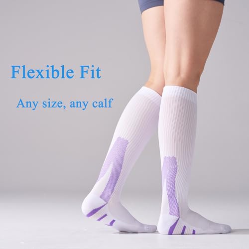 4 Pairs 20-30mmHg Compression Socks for Women Knee High Flying - color: White Mix, size: Large-X-Large