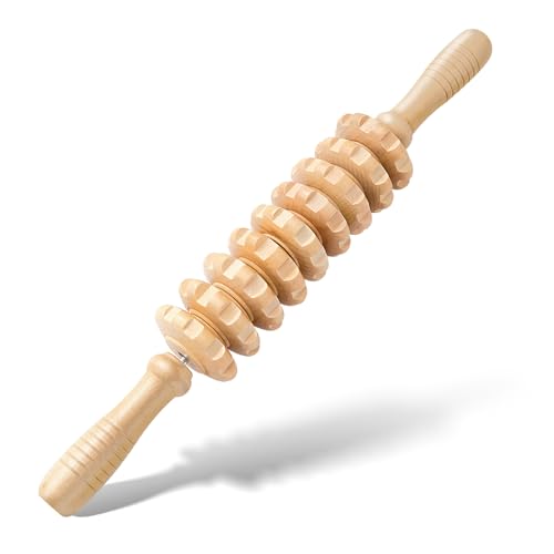 Wooden Cellulite Muscle Roller for Legs and Thighs - Handheld Fascia Blaster Tool for Muscle Relief, Lymphatic Drainage & Body Sculpting - Anti Cellulite Massager for Women and Men (9 Wheel)