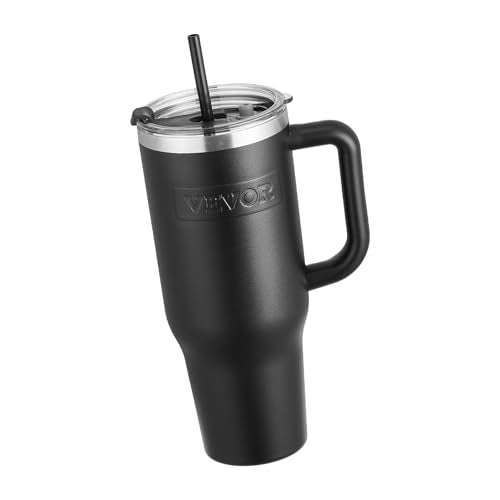 VEVOR 40 oz Insulated Water Bottle, Stainless Steel Sports Coffee Cup with Lid, Handheld Travel Coffee Mug Double Walled, Camping Hydration Flask Leakproof, for Indoor/Outdoor School, Work, Black