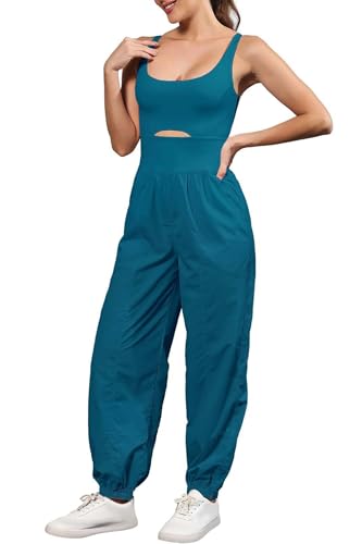 ReachMe Womens Running Onesie Athletic Romper Pants Hiking Outfits One Piece Workout Jumpsuits with Pockets - color: Teal Blue, size: X-Small