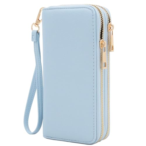 FashionPuzzle Double Zip Around PU Leather Wristlet Cell Phone Wallet - color: Light Blue