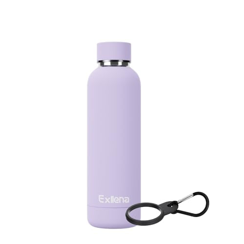 Exllena Slim Insulated Water Bottles for Travel 18oz with Clip, Double Wall Vacuum Stainless Steel Water Bottle Keeps Drinks Cold 24 Hrs/Hot 12 Hrs, 100% Leakproof, BPA Free(Purple) - color: Purple, size: 500 ml