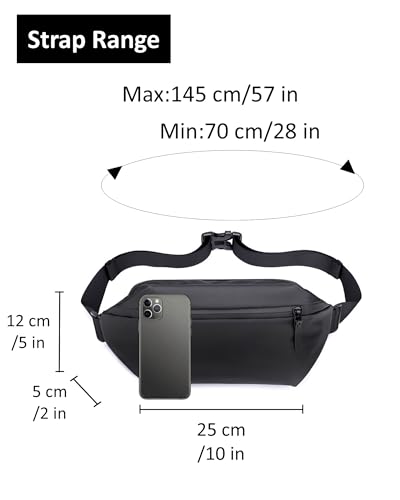 Fanny Pack for Men & Women | Adjustable Waist Bag (28-63 Inch Belt) – Large Waterproof Belt Bag for Hiking, Running, Travel, Gym | Phone Pouch with Zipper Pocket - color: Black