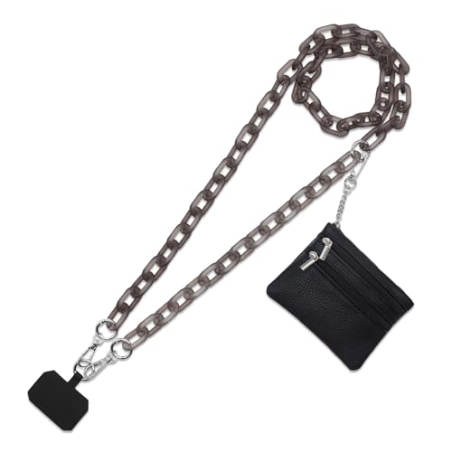 Long Keeper Phone Crossbody Chain Acrylic Phone Lanyards with Zipper Wallet Women Cellphone Strap Wrist Bracelet Purse Strap - color: Black Silver