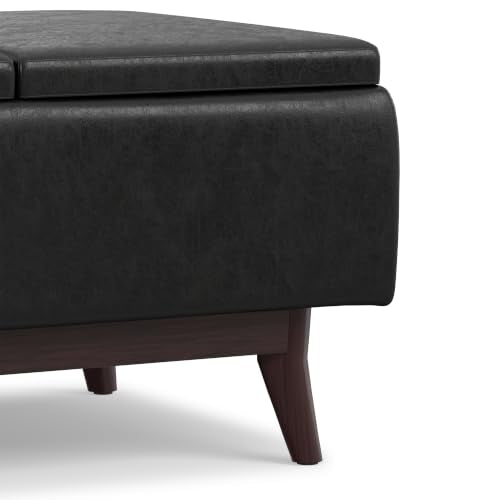 SIMPLIHOME Owen 34" Wide Vegan Leather Rectangle Tray Top Ottoman in Black - color: Distressed Black